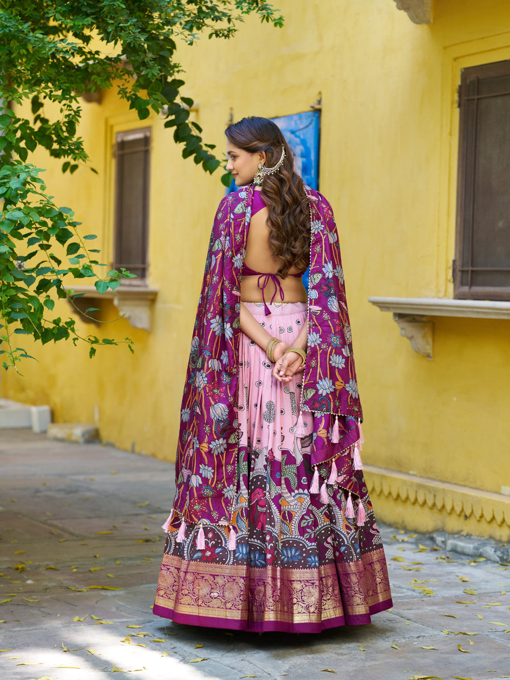 Light Pink Pure Tasar Silk Kalamkari Print With Foil Work Lehenga Choli