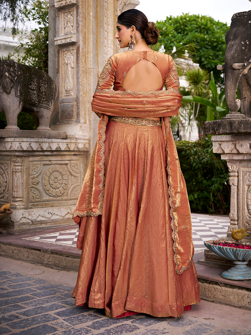 Orange Pure Fendi Silk Sequins &amp; Thread Embroidery Work Lehenga Choli