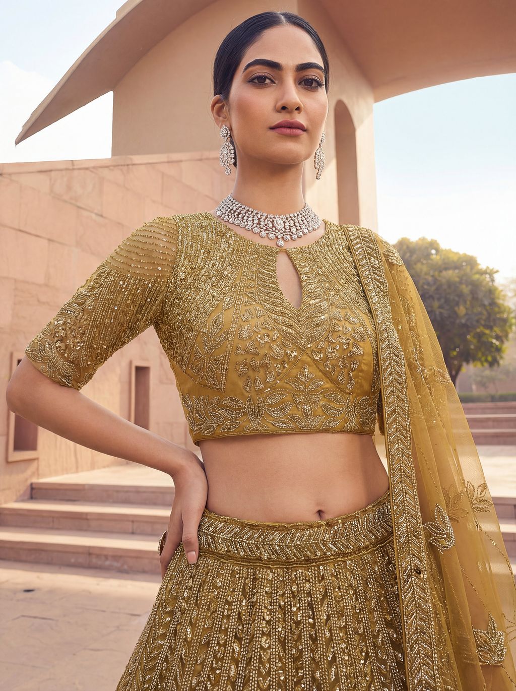 Golden Pure Soft Net Heavy Embroidery Work Bridal Lehenga ##color## Bridal Lehenga with premium fabric and embroidery