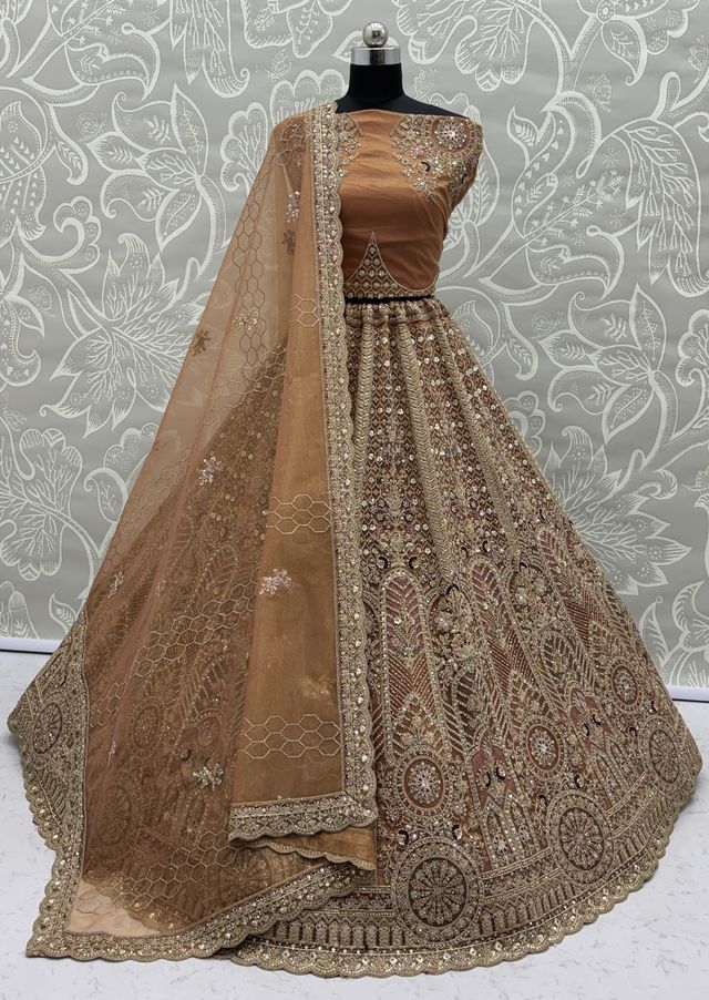 Orange Pure Soft Heavy Net Sequins Embroidery Work Bridal Lehenga 
