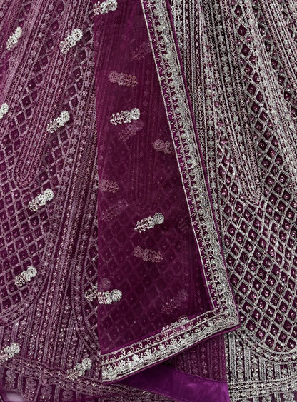 Purple Pure Soft Net Heavy Embroidery Work Bridal Lehenga