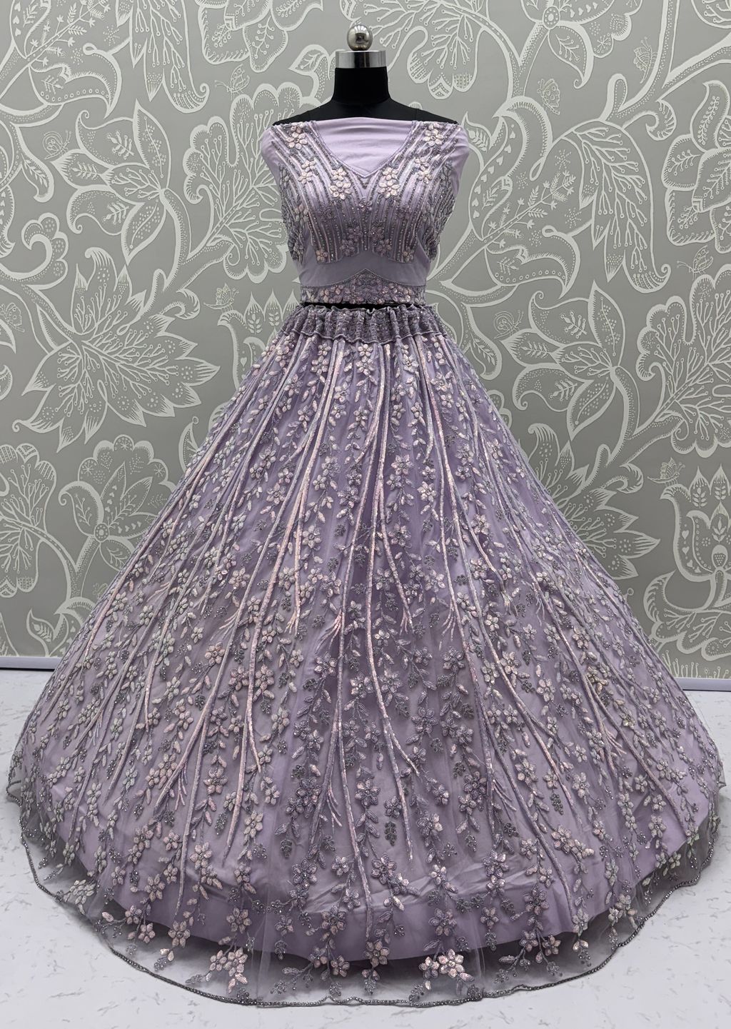 Light Purple Pure Soft Net Heavy Embroidery Work Bridal Lehenga