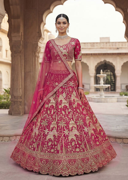 Rani Pink Pure Soft Silk Heavy Embroidery Work Bridal Lehenga 