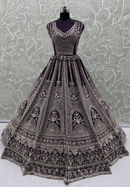 Purple Pure Soft Satin Silk Heavy Embroidery Work Bridal Lehenga