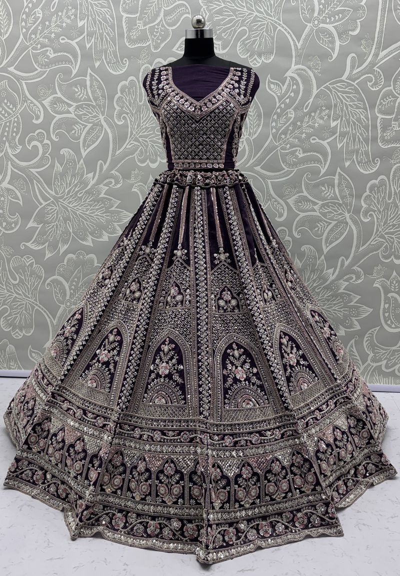 Purple Pure Soft Satin Silk Heavy Embroidery Work Bridal Lehenga