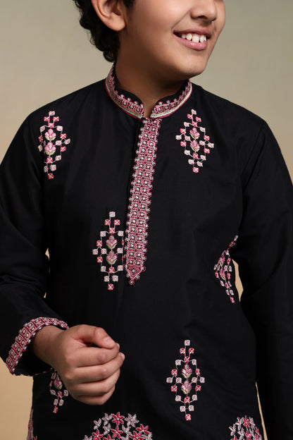 Black Pure Viscose Silk Kids Boy Kurta Pajama