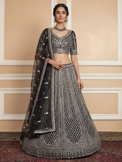 Black Pure Soft Net Heavy Embroidery Work Bridal Lehenga