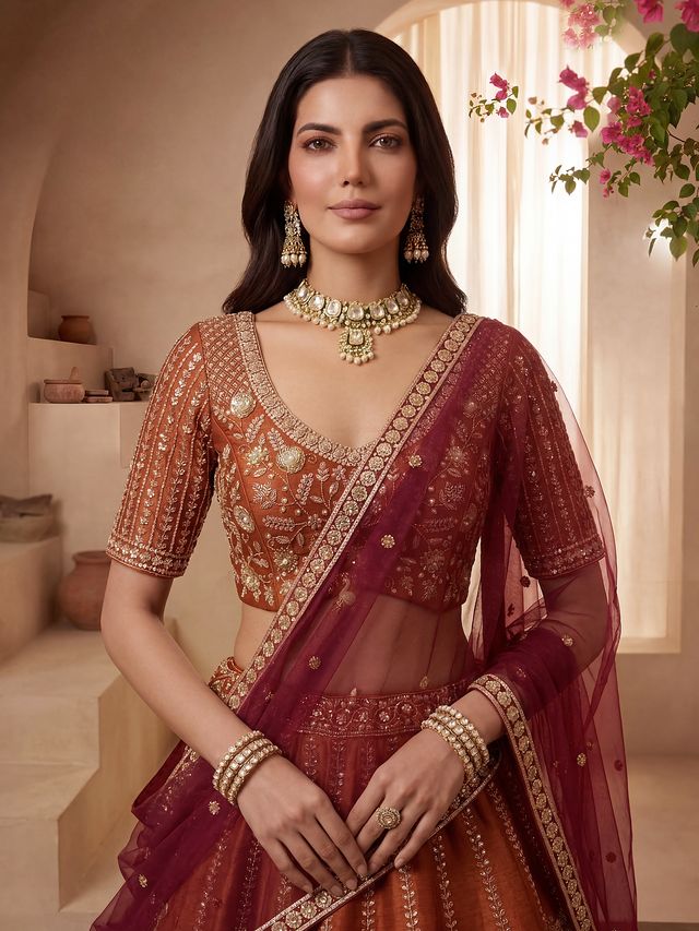 Orange Pure Soft Heavy Net Sequins Embroidery Work Bridal Lehenga Choli 