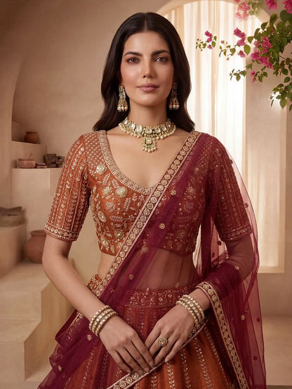 Orange Pure Soft Heavy Net Sequins Embroidery Work Bridal Lehenga Choli 