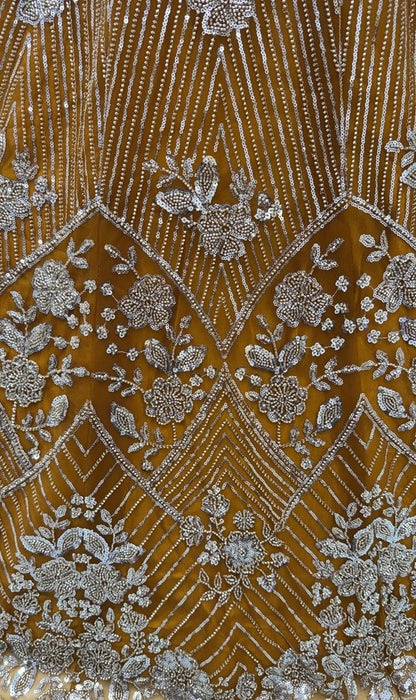 Yellow Pure Heavy Net Motif Handwork Zari Sequins Work Bridal Lehenga Choli