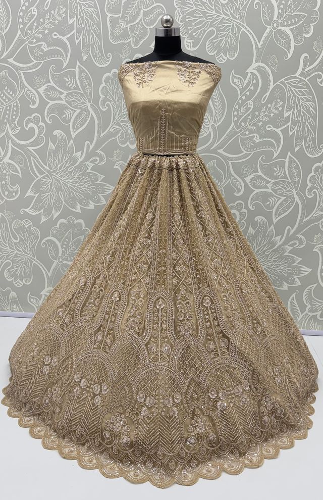 Chiku Pure Heavy Net Motif Handwork Zari Sequins Work Bridal Lehenga Choli