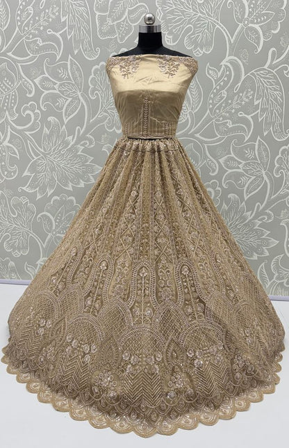 Chiku Pure Heavy Net Motif Handwork Zari Sequins Work Bridal Lehenga Choli
