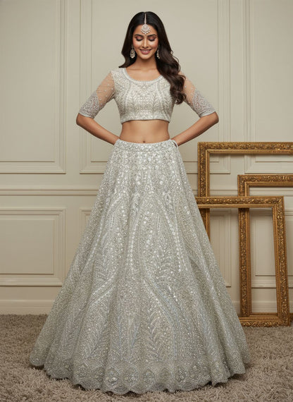 White Pure Soft Heavy net Silk Heavy Embroidery Work Bridal Lehenga