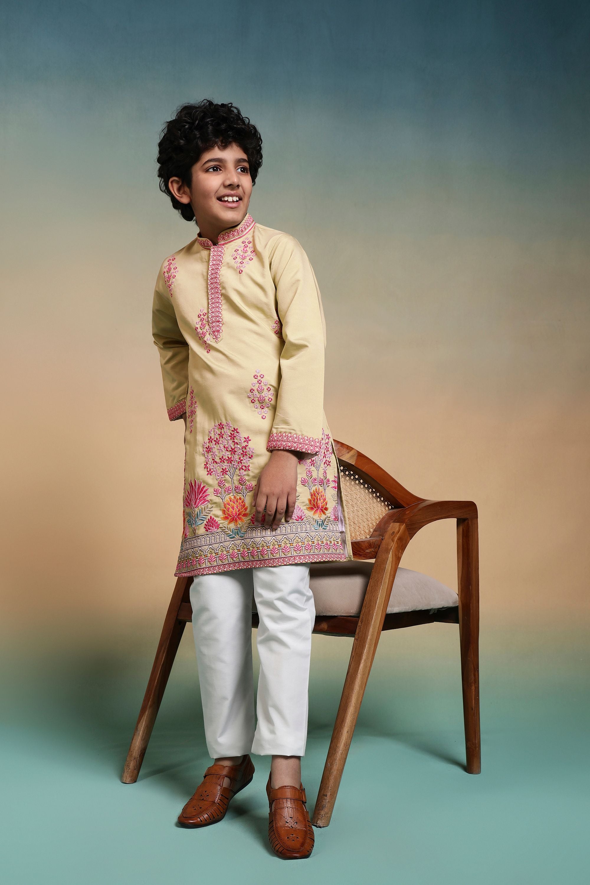 Yellow Pure Viscose Silk Kids Boy Kurta Pajama 