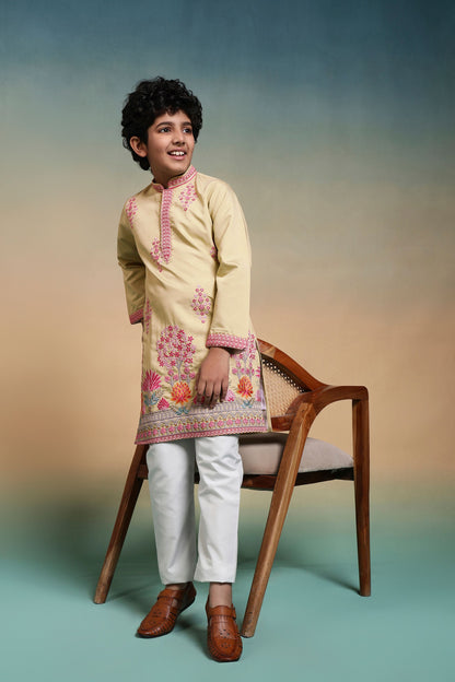 Yellow Pure Viscose Silk Kids Boy Kurta Pajama 