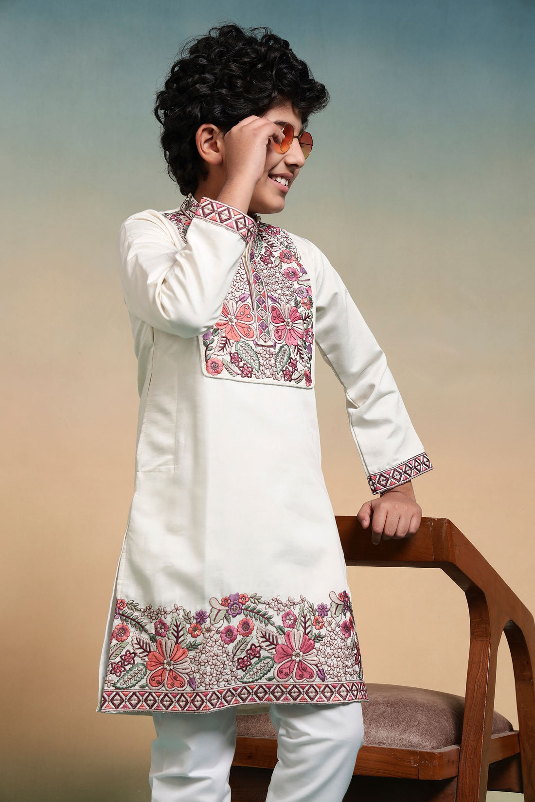 White Pure Viscose Silk Kids Boy Kurta Pajama 