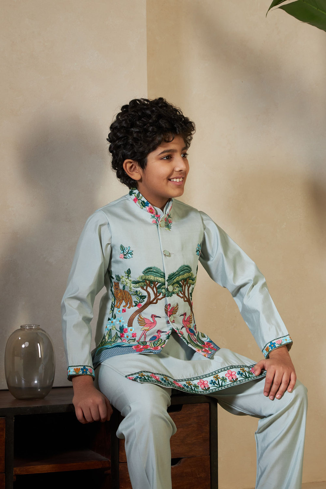Pista Pure Viscose Silk Silk Kids Boy Kurta Pajama With Koti Jacket 