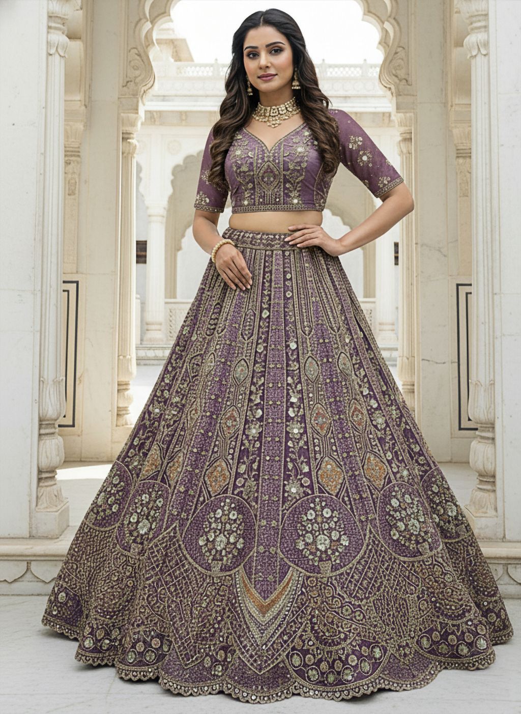 Purple Pure Soft Orgenza Sequins Work Bridal Lehenga Choli