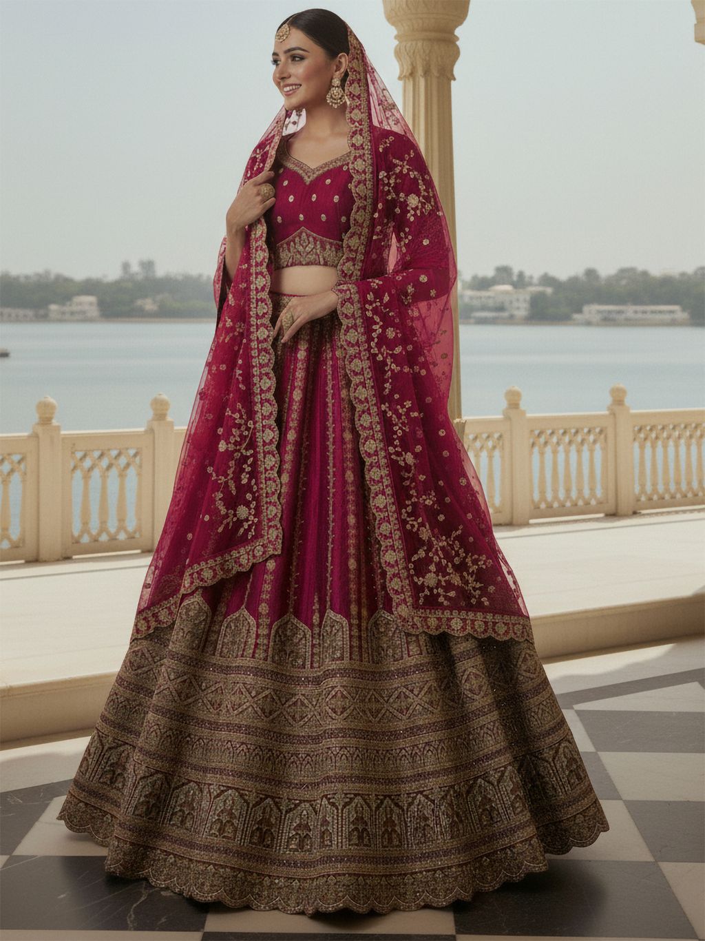 Raspberry Pure Soft Gadhwal Silk Heavy Embroidery Work Bridal Lehenga