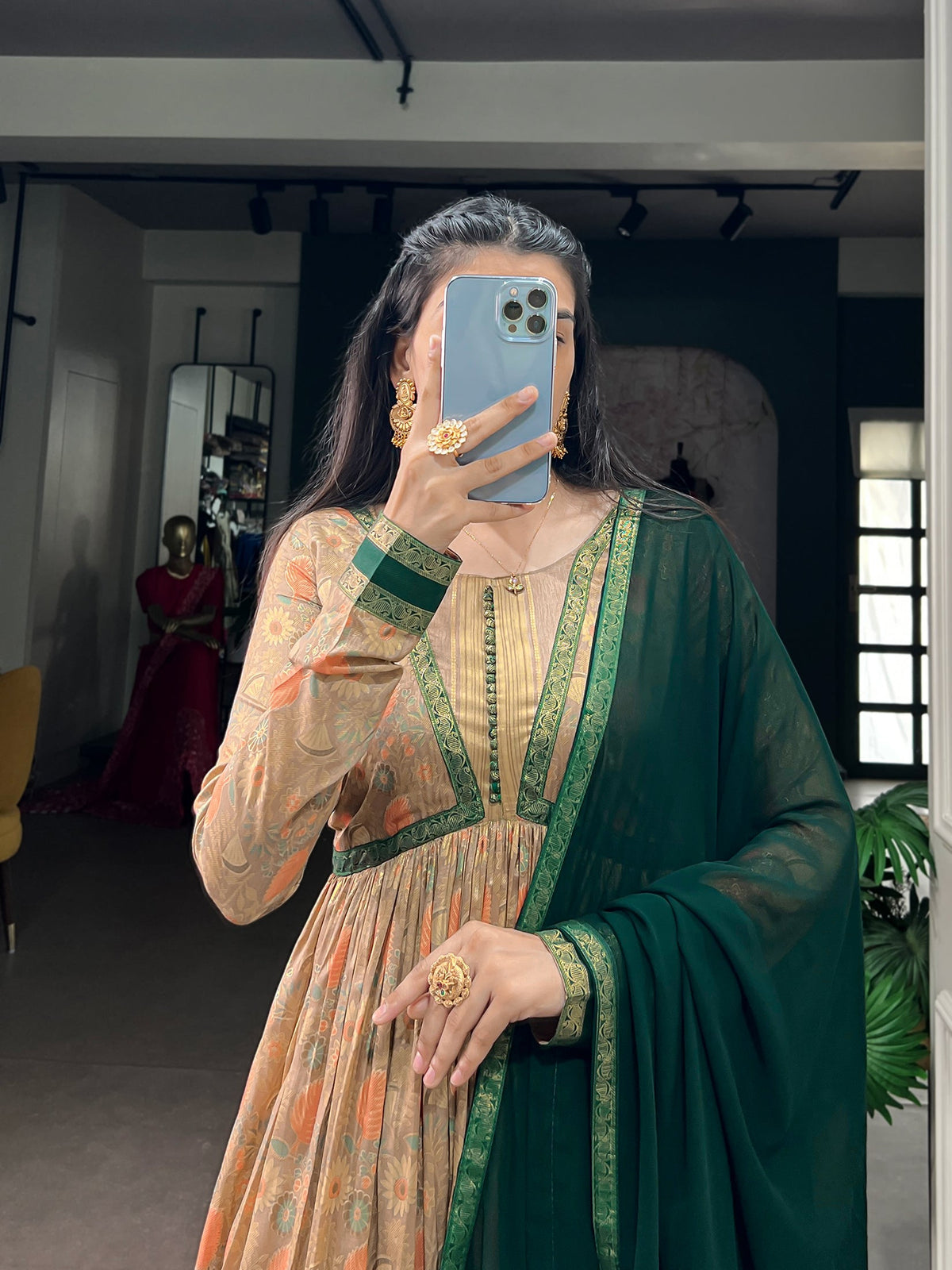 Green Pure Tasar Silk Floral Print &amp; Elegant Foil Work Anarkali Suit
