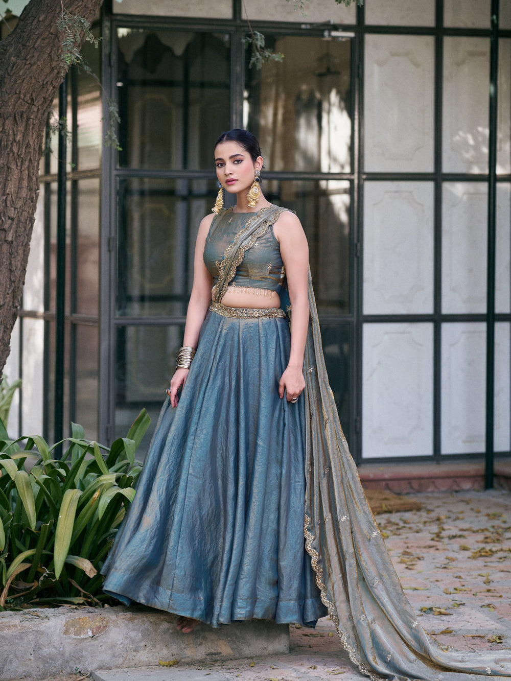 Teal Pure Fendi Silk Sequins &amp; Thread Embroidery Work Lehenga Choli