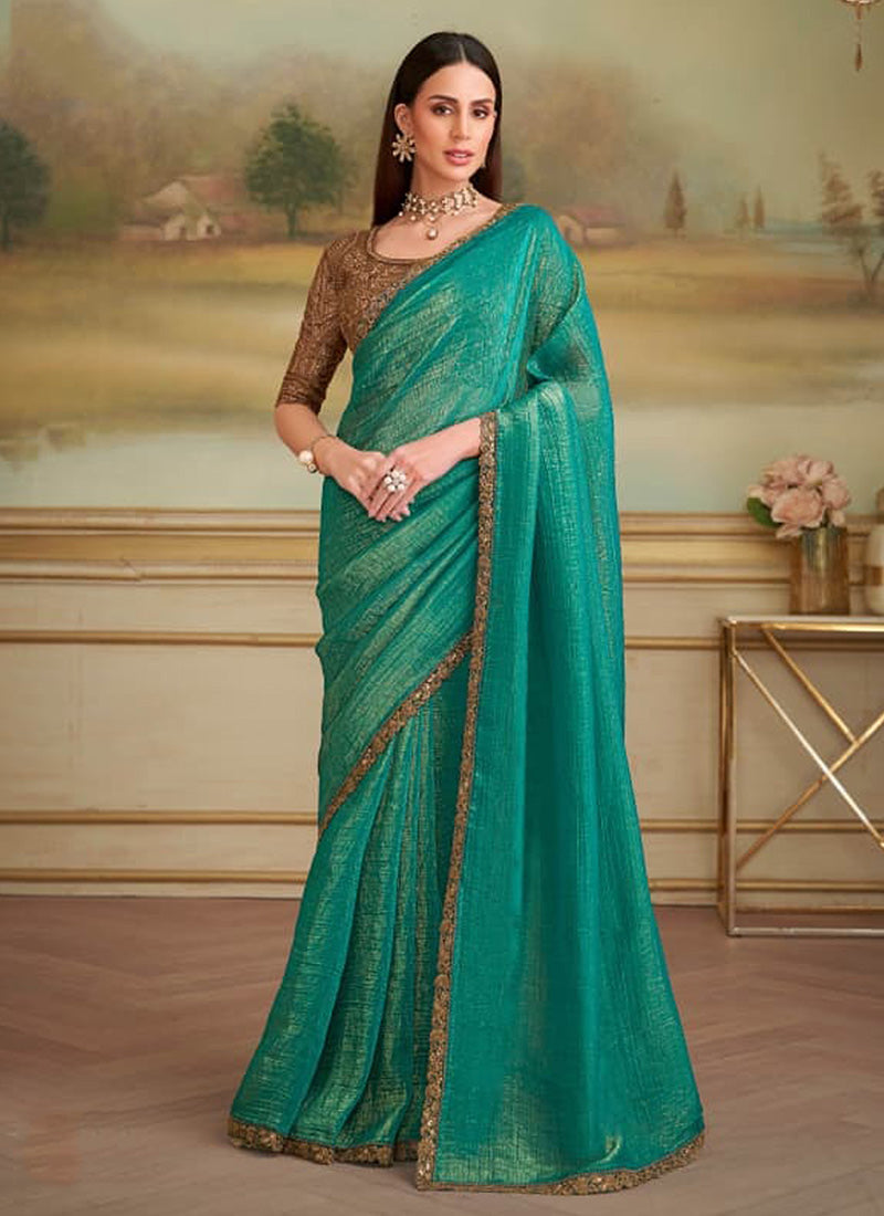 Sea Green Pure Georgette Silk With Floral Sequins Saree 