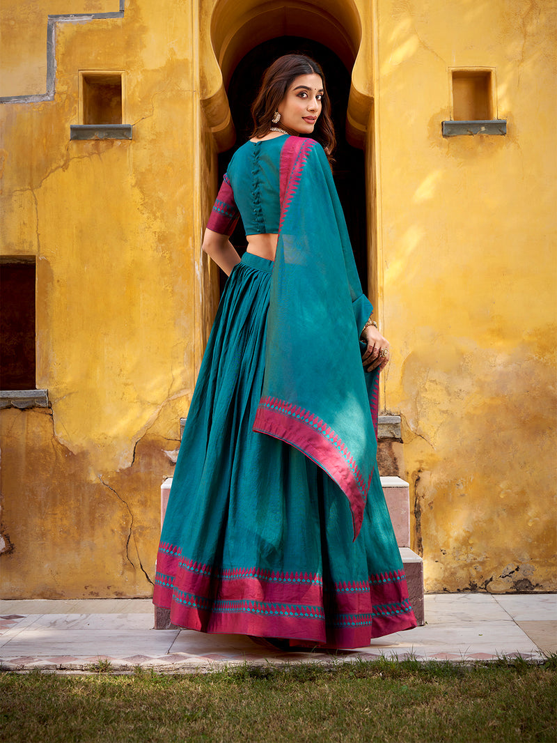 Teal Color Thread Work With Chanderi Lehenga Choli 