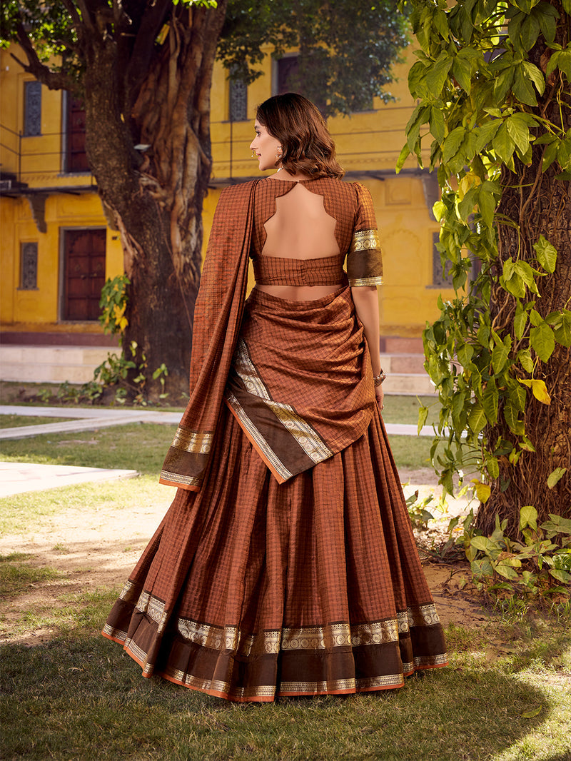 Rust Orange Color Chex With Zari weaving Work Chettinad Cotton Lehenga Chol 