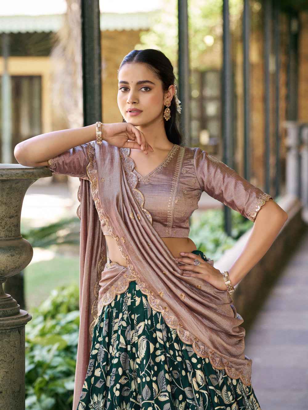 Forest Green Pure Soft Tussar Silk Kalamkari Print Lehenga Choli