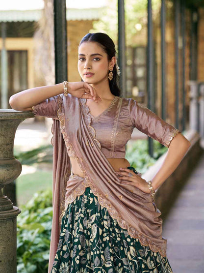 Forest Green Pure Soft Tussar Silk Kalamkari Print Lehenga Choli