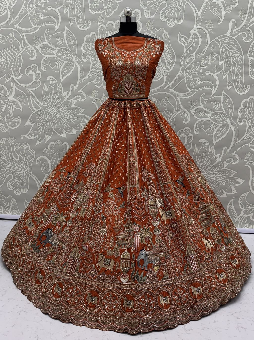 Orange Pure Soft Gadwal Silk Heavy Embroidery Work Bridal Lehenga 