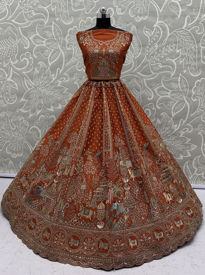 Orange Pure Soft Gadwal Silk Heavy Embroidery Work Bridal Lehenga 