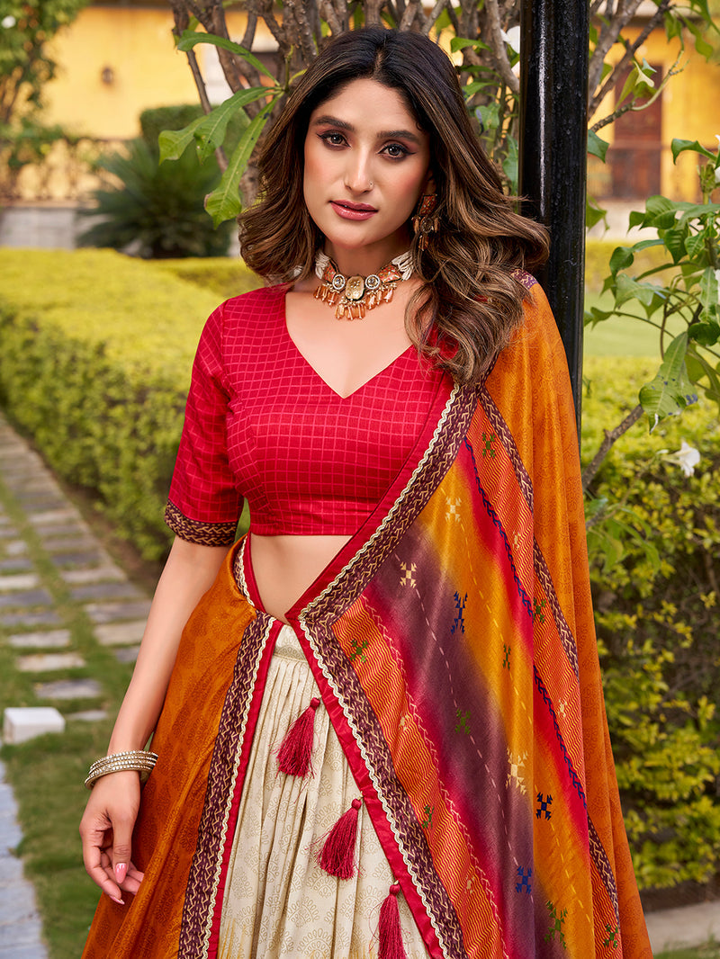 Red Color Tie And Dye Printed Tasar Silk Lehenga Choli 