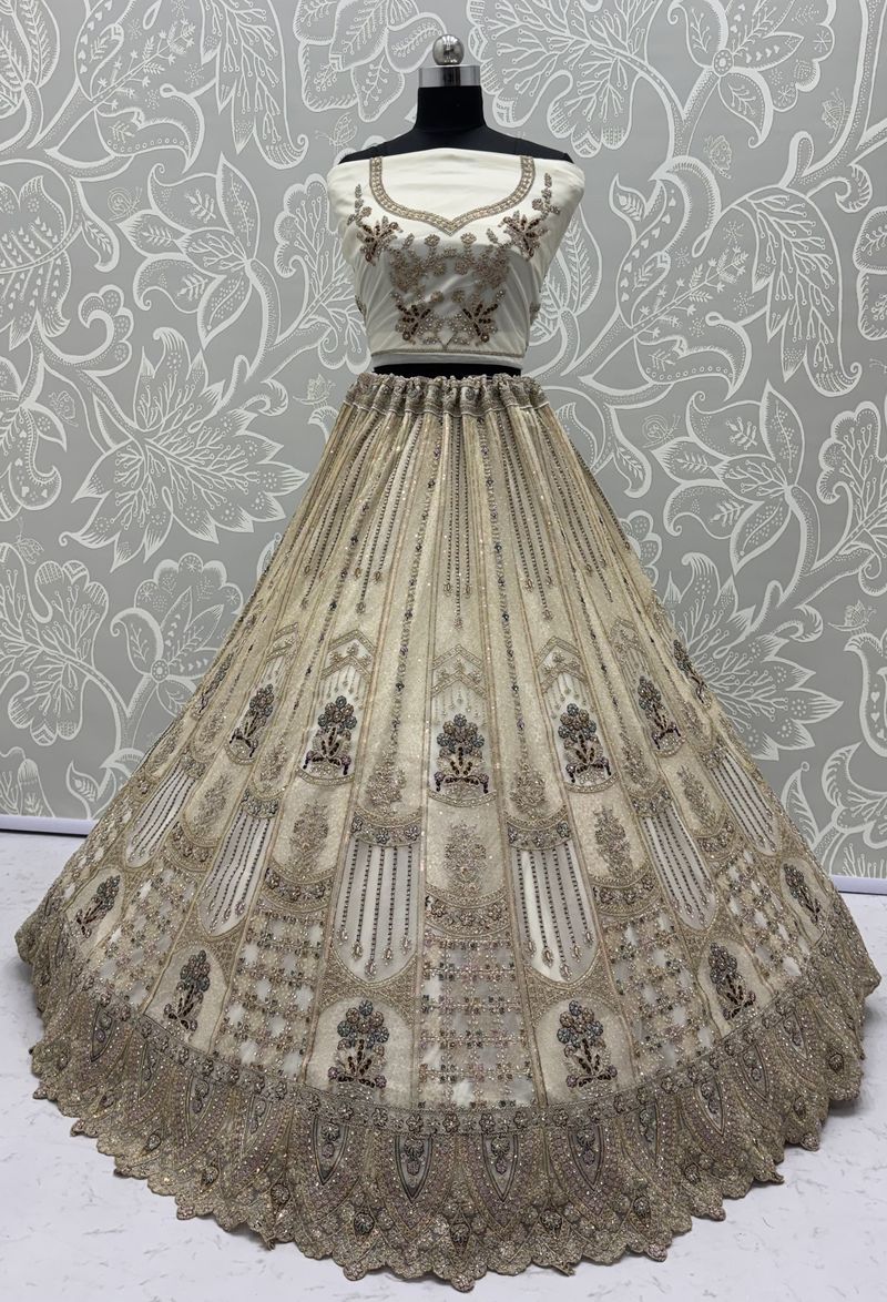 White Pure Soft Heavy Net Fancy Embroidery Work Bridal Lehenga Choli
