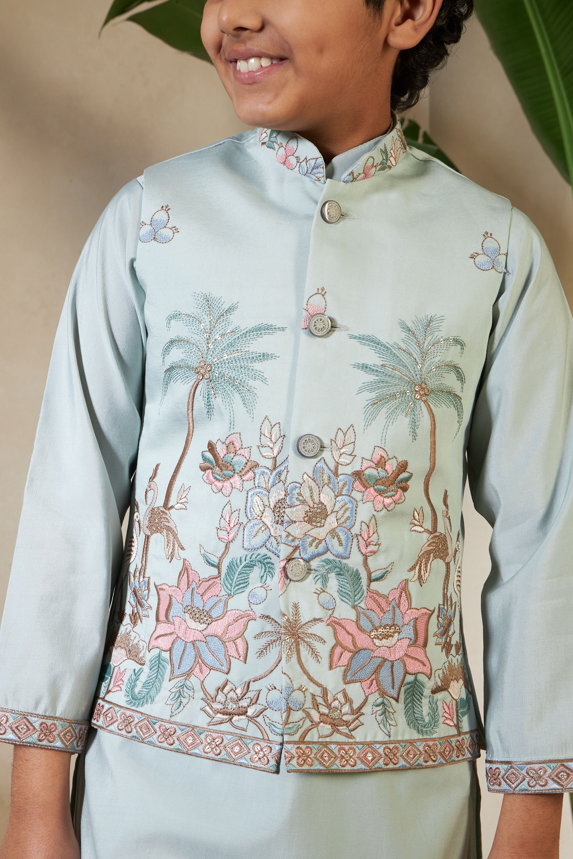 Pista Pure Viscose Silk Silk Kids Boy Kurta Pajama With Koti Jacket 