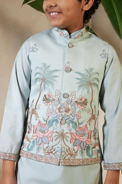 Pista Pure Viscose Silk Silk Kids Boy Kurta Pajama With Koti Jacket 