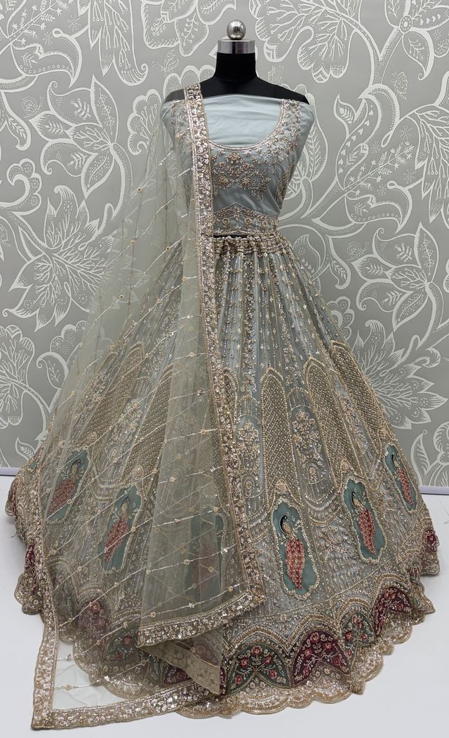 Grey Pure Heavy Net Motif Handwork Zari Sequins Work Bridal Lehenga Choli