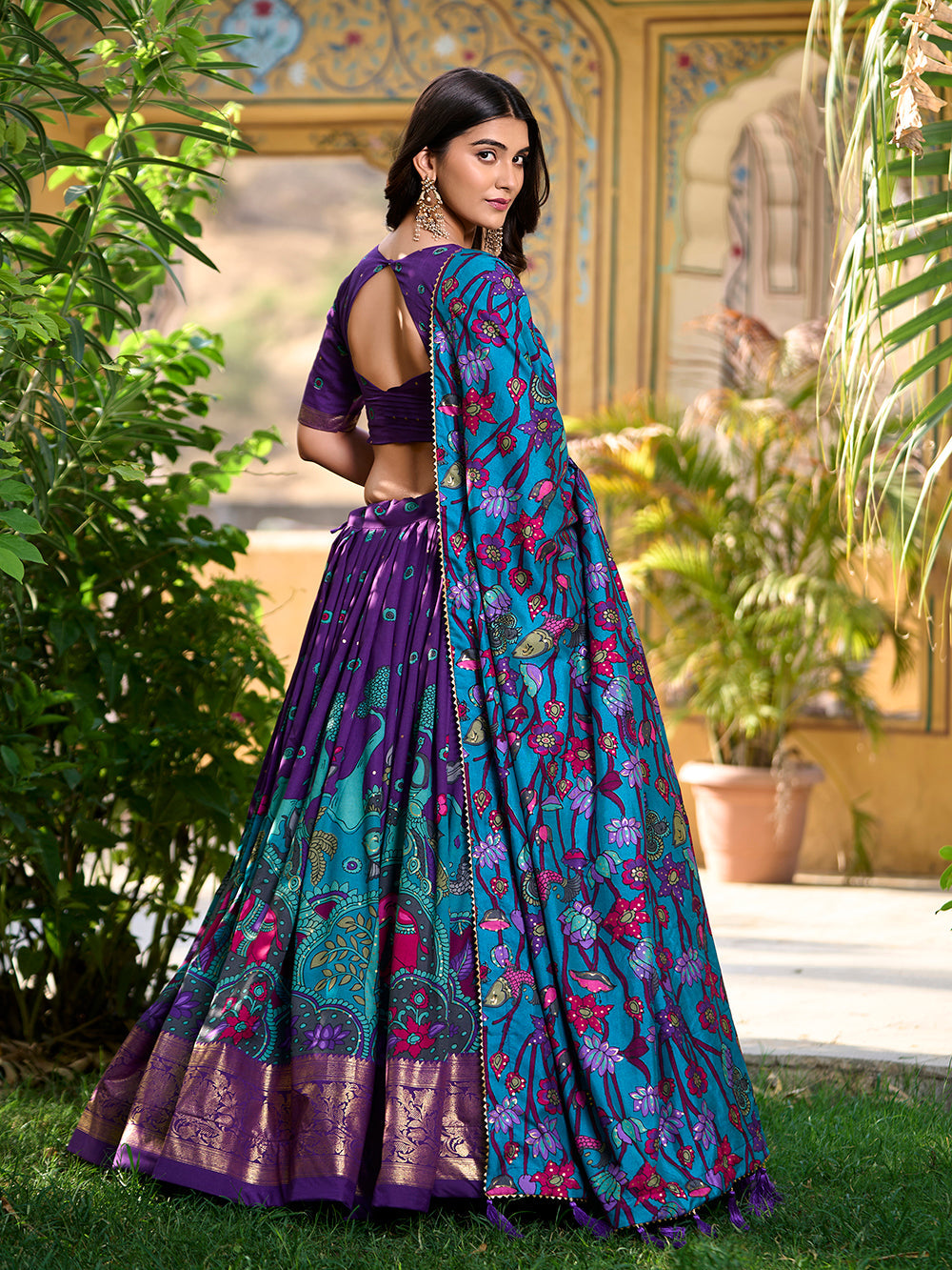 Purple Pure Tasar Silk Kalamkari Print With Foil Work Lehenga Choli