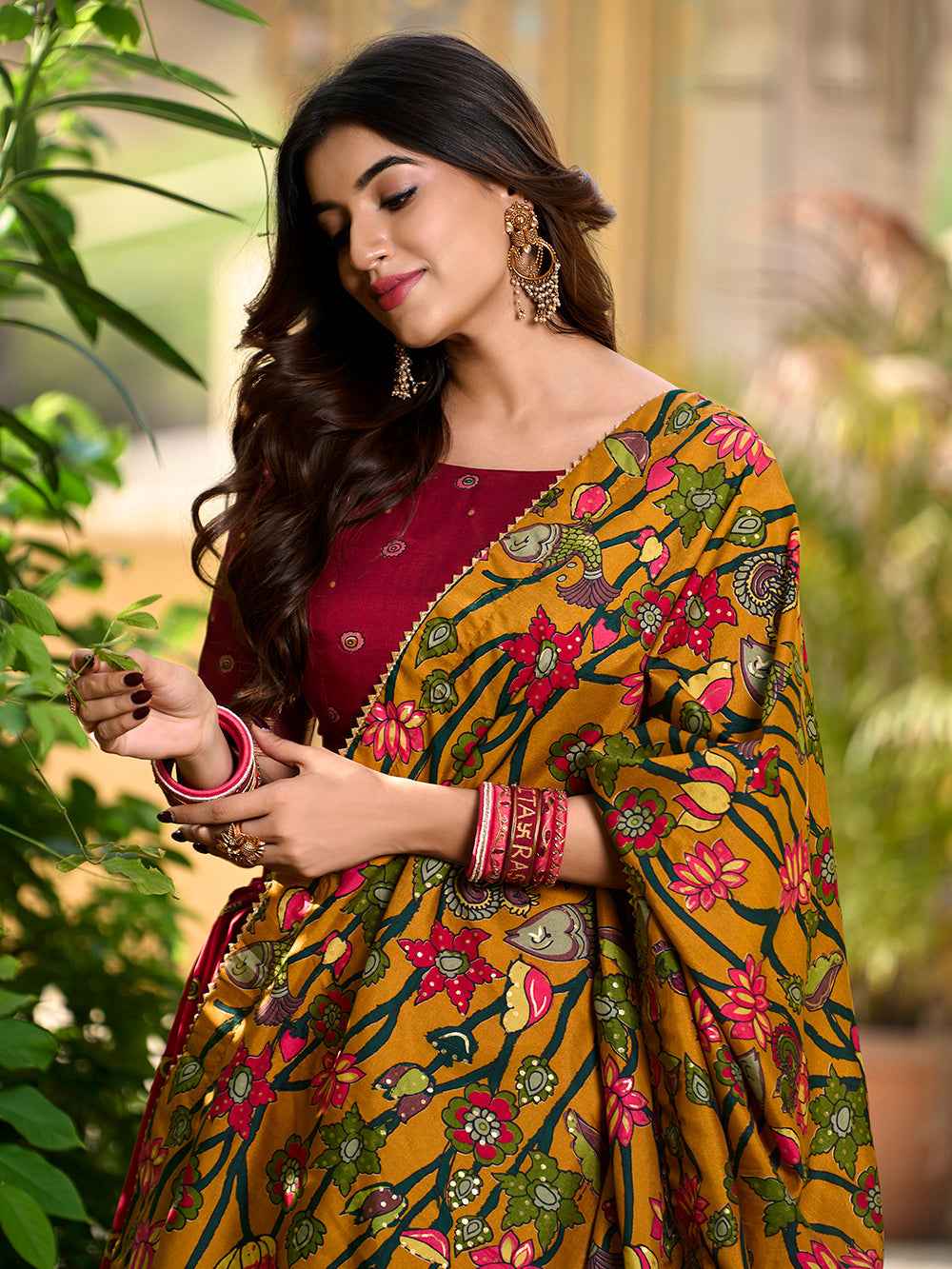 Red Pure Tasar Silk Kalamkari Print With Foil Work Lehenga Choli