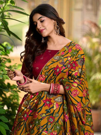 Red Pure Tasar Silk Kalamkari Print With Foil Work Lehenga Choli