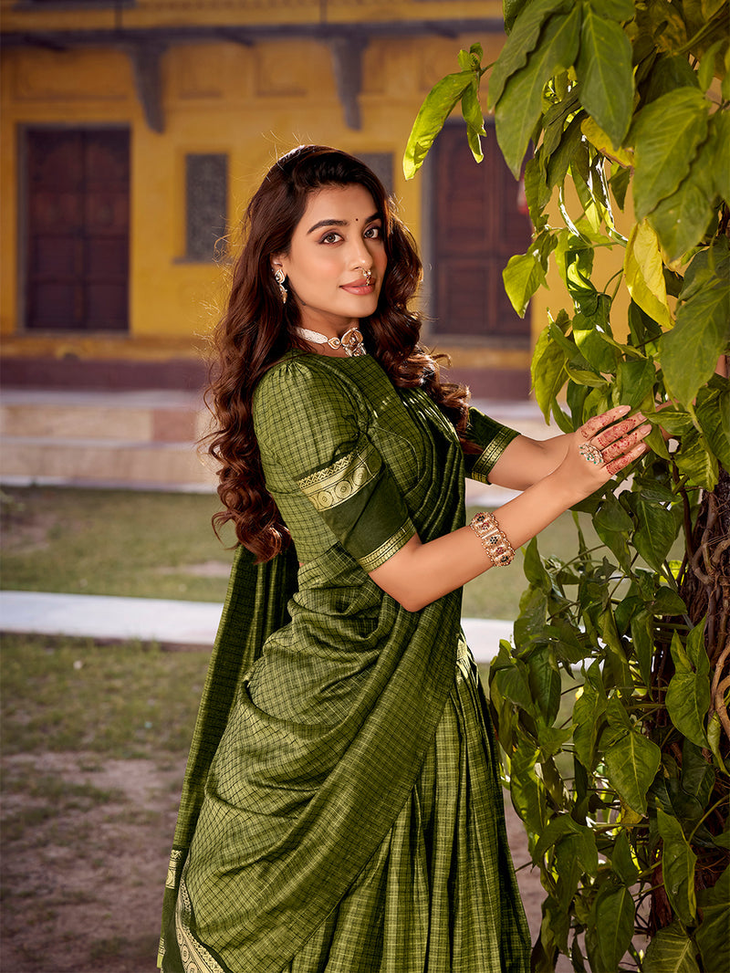 Mehendi Color Chex With Zari weaving Work Chettinad Cotton Lehenga Choli 