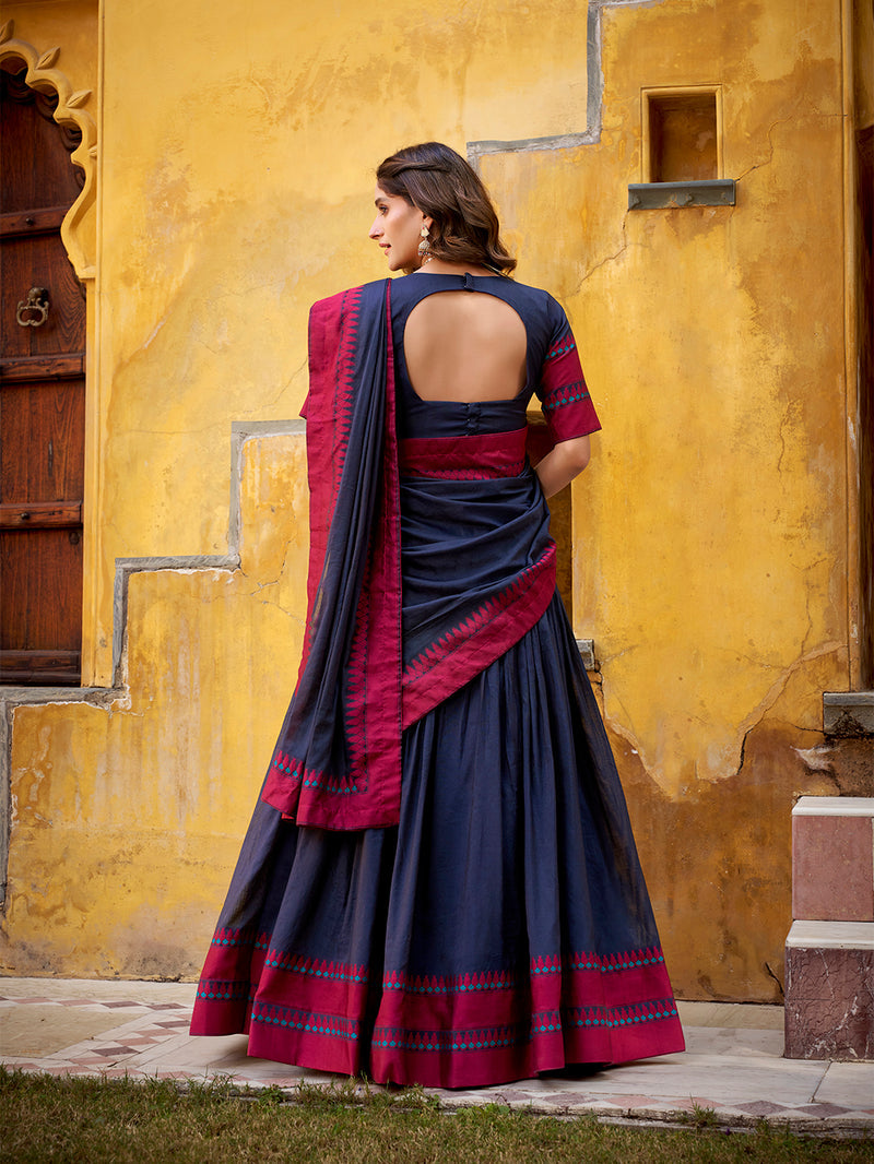 Navy Blue Color Thread Work With Chanderi Lehenga 