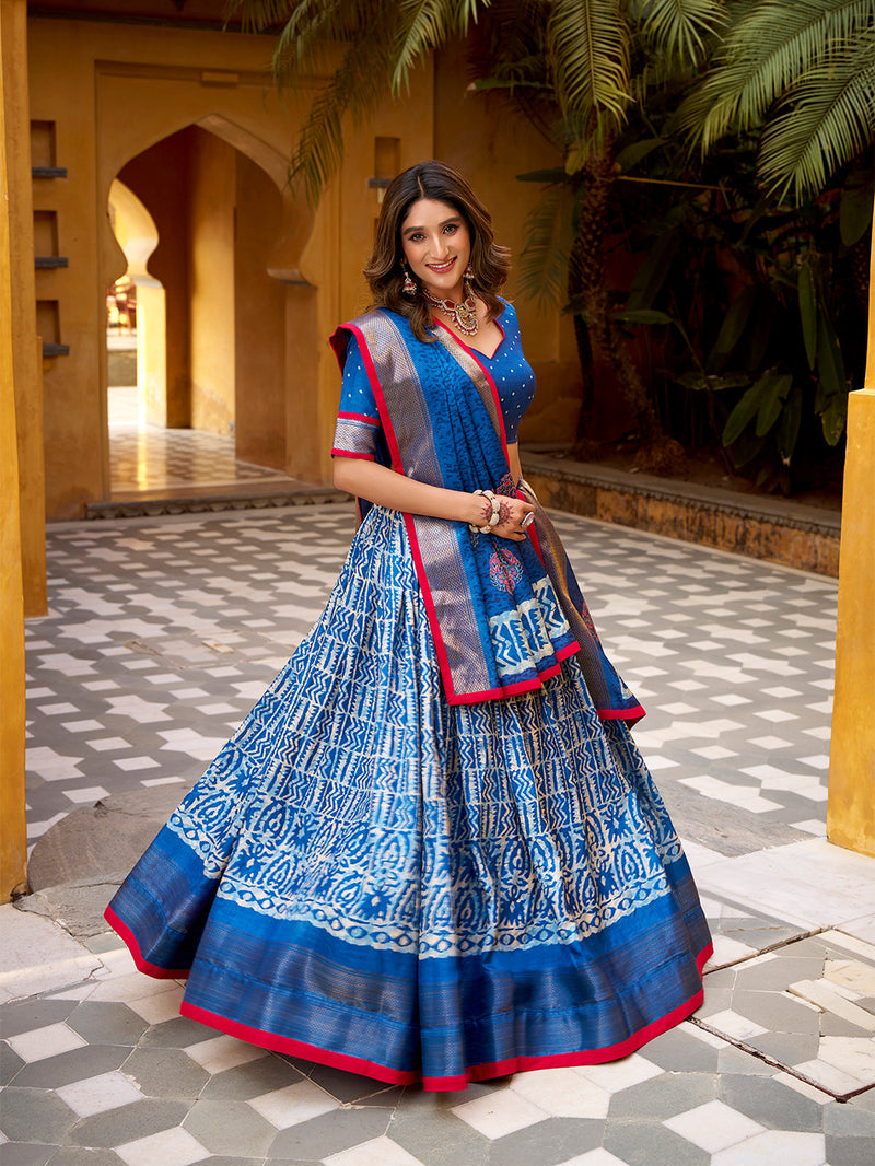 Blue Color Batik Printed Dola Silk Lehenga Choli ##color## Sequins Lehenga with premium fabric and embroidery