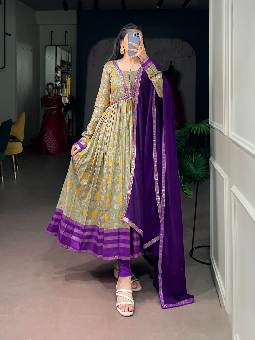 Purple Pure Tasar Silk Floral Print &amp; Elegant Foil Work Anarkali Suit