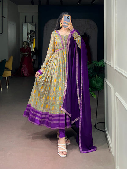 Purple Pure Tasar Silk Floral Print &amp; Elegant Foil Work Anarkali Suit
