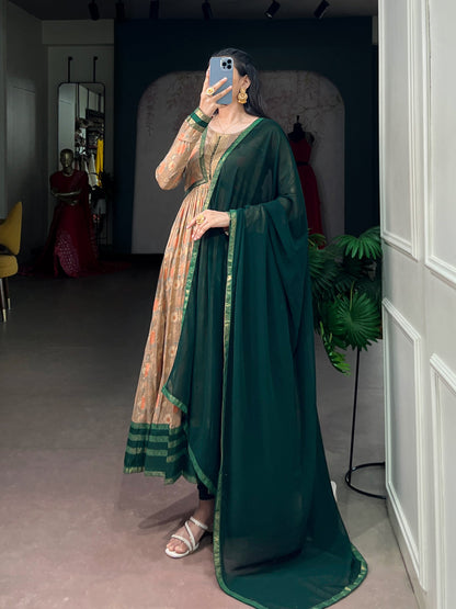 Green Pure Tasar Silk Floral Print &amp; Elegant Foil Work Anarkali Suit