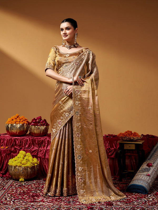 Golden Pure Kanjivaram Rich Zari Embroidery & Tube Beads Work Tissue Saree