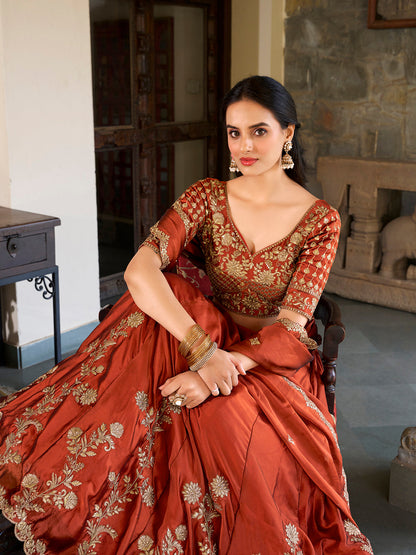 Rust Pure Rangoli Silk Sequins &amp; Thread Embroidery Work Lehenga Choli