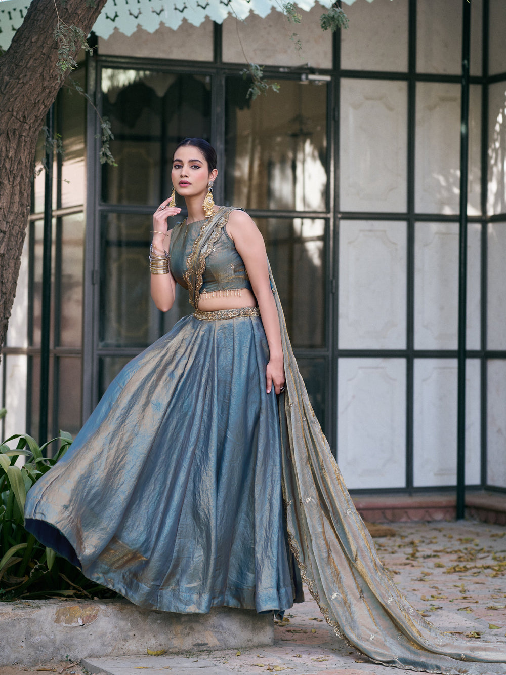 Teal Pure Fendi Silk Sequins &amp; Thread Embroidery Work Lehenga Choli
