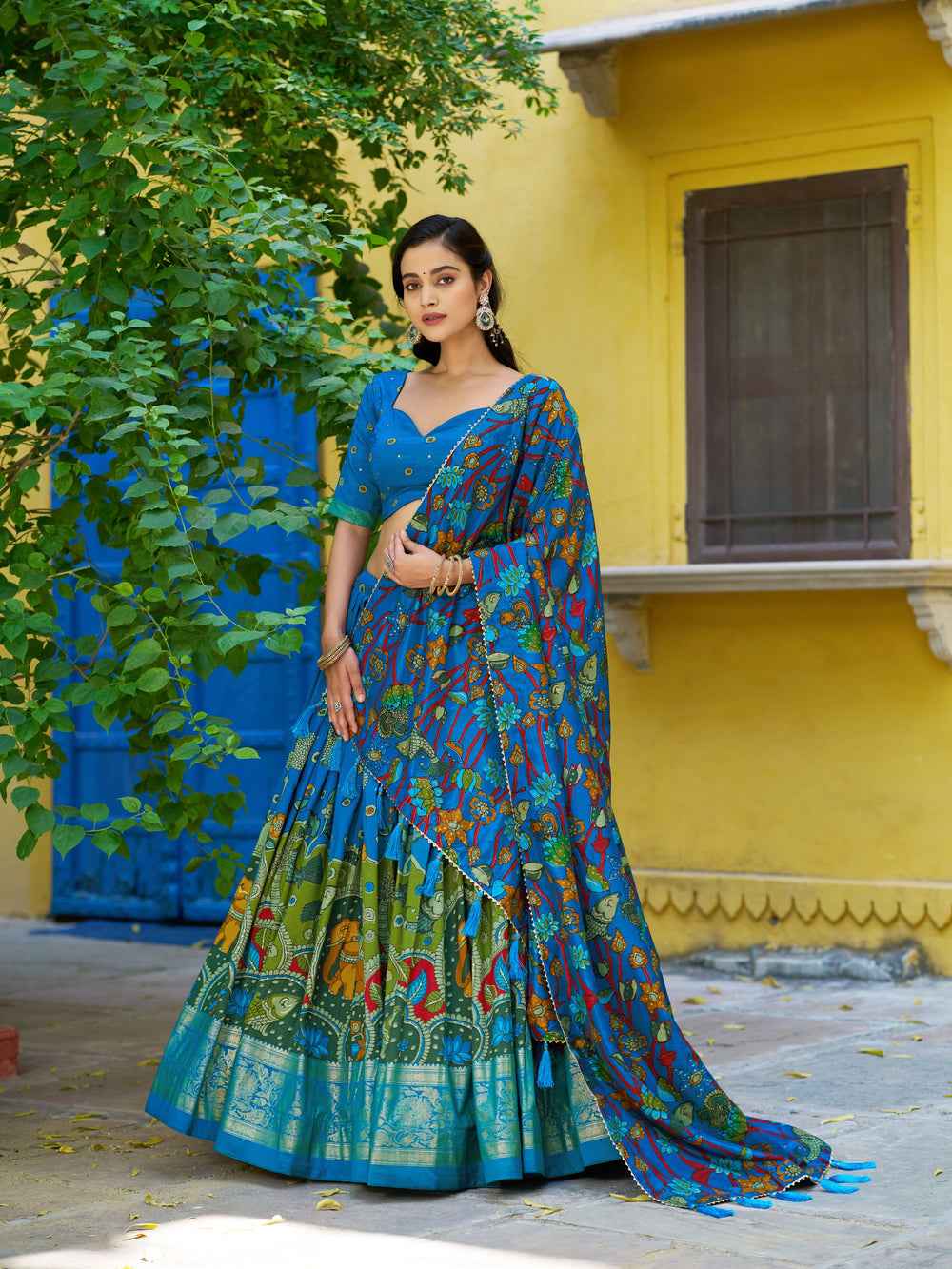 Light Sky Pure Tasar Silk Kalamkari Print With Foil Work Lehenga Choli